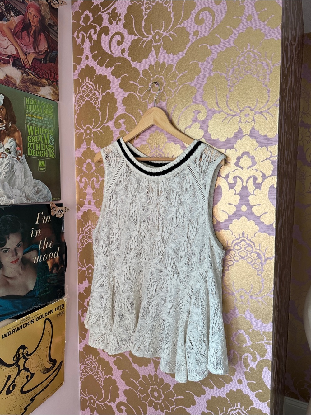 Free people White Lace Sleeveless Tank with Black-Trim Neckline size large
